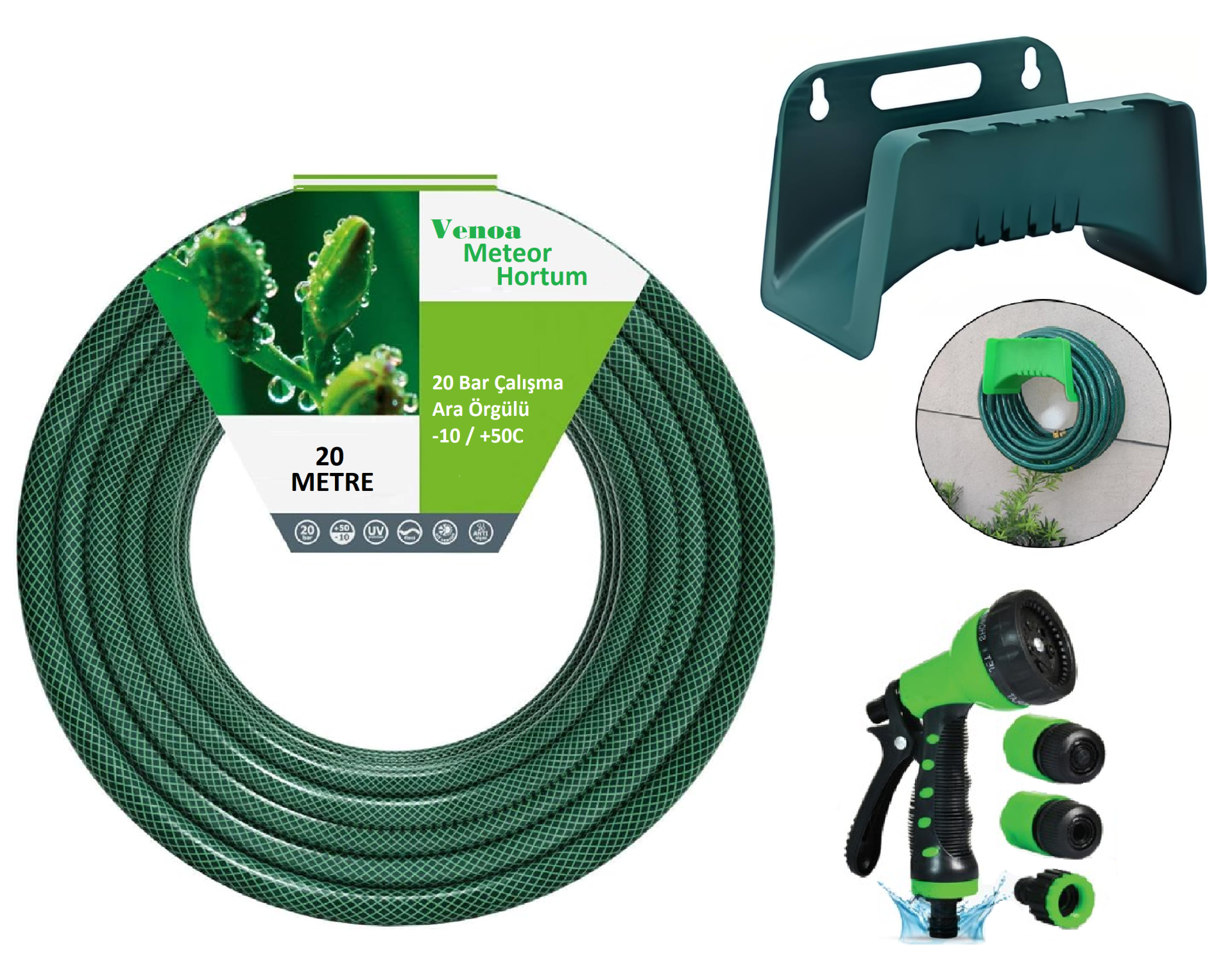 Venoa Meteor VNL20 Kırılmaz Örgülü Bahçe Su Hortumu Askılı 20 Mt 6 Parça