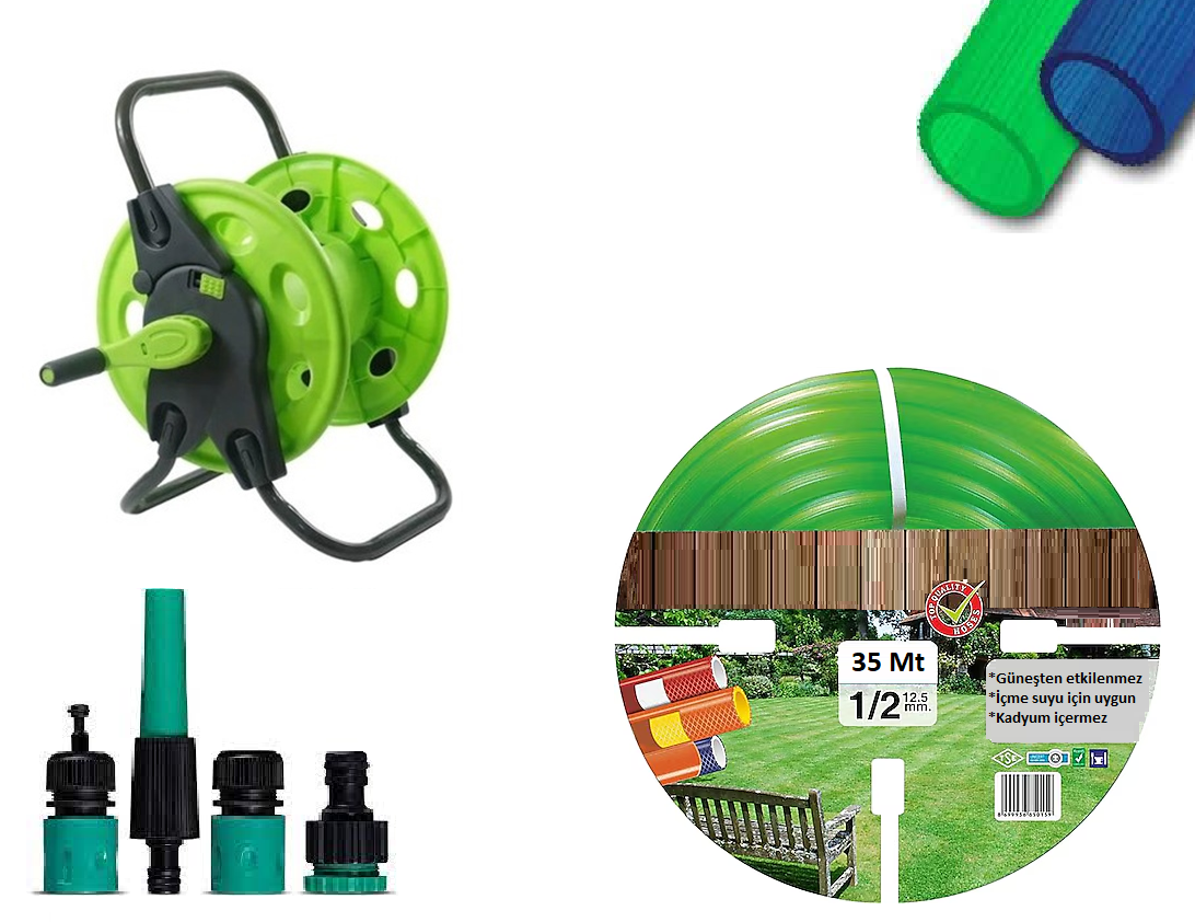 Venoa VM35 Bahçe Hortumu Pvc Silikonlu Kırılmaz Tamburlu Set 6 Parça 35 Mt