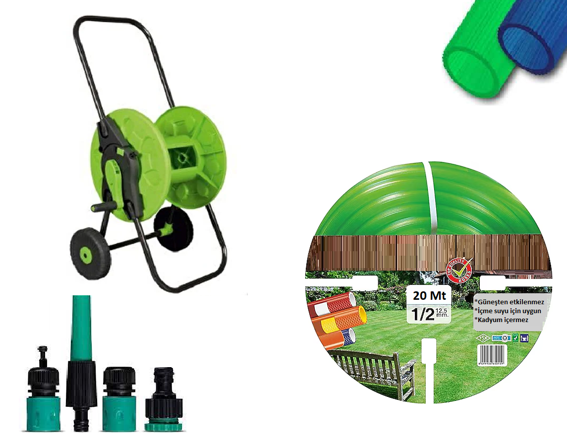 Venoa VN20 Bahçe Hortumu Pvc Silikonlu Kırılmaz Araba Tamburlu Set 6 Parça 20 Mt