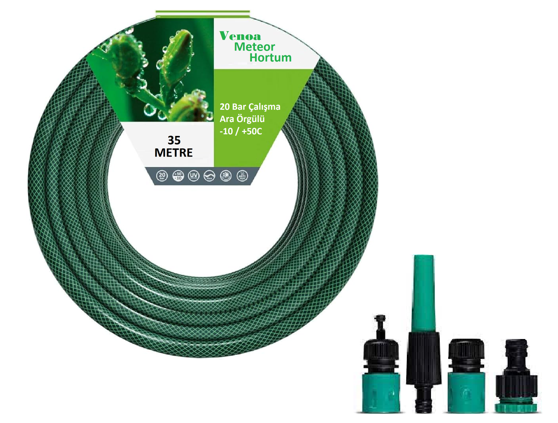 Venoa Meteor VMM35 Kırılmaz Örgülü Bahçe Su Hortumu 35 Mt 5 Parça