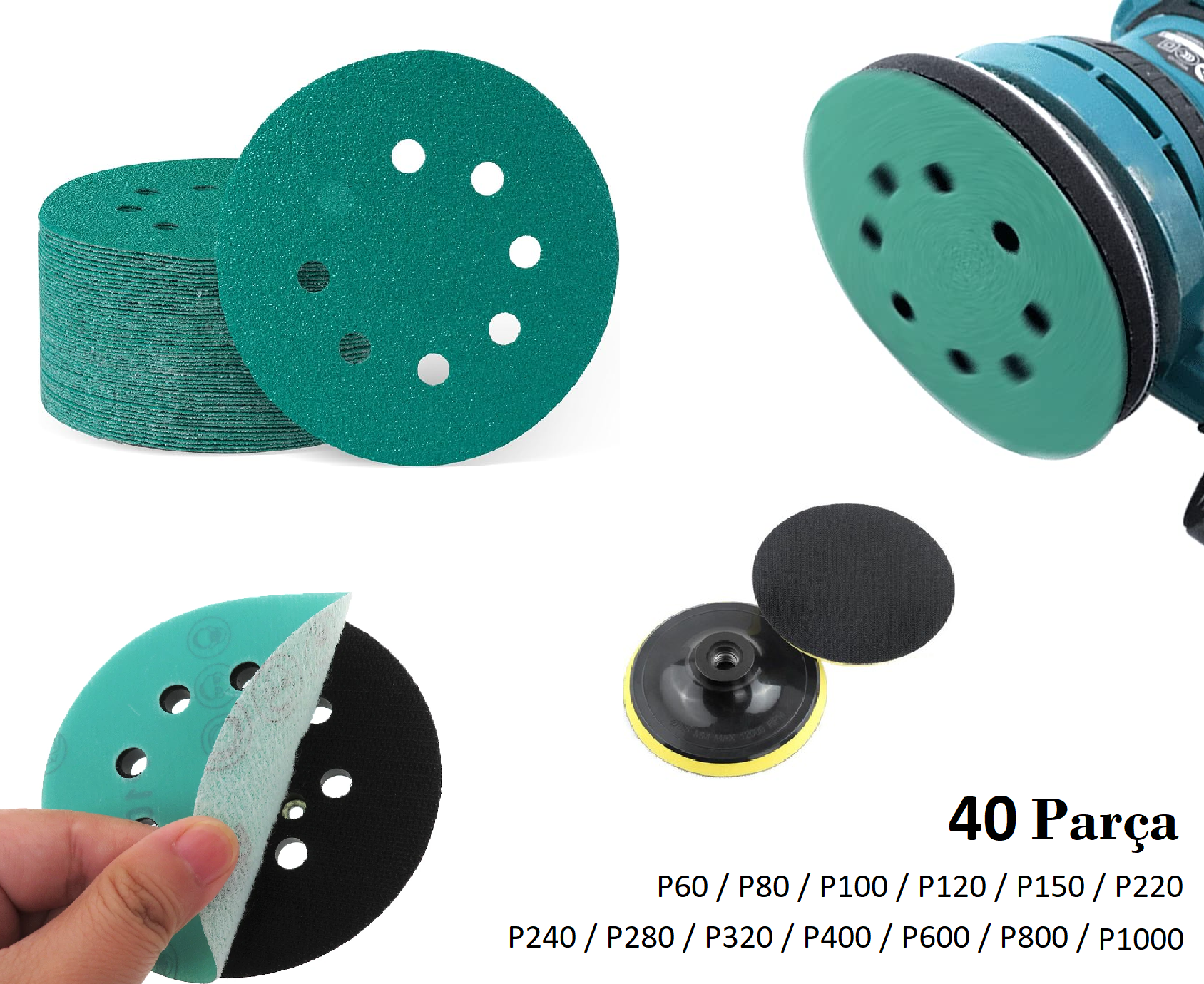 Venoa Paslanmaz Metal Ahşap Delikli Cırt Zımpara Kağıdı 125 mm Disk Set 40 Parça