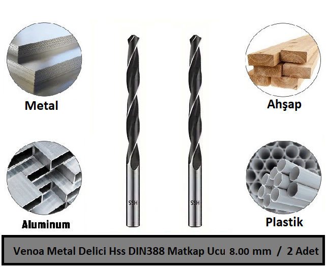 Venoa Metal Delici Hss DIN388 Matkap Ucu 8.00 mm Paket 2 Li