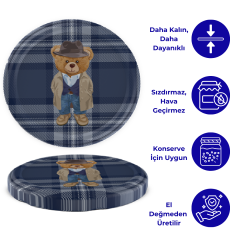 Hijyenik Paketli 10 Adet Kavanoz Kapağı Yeni Yıl Serisi 82 mm EkoseTeddyLacivert