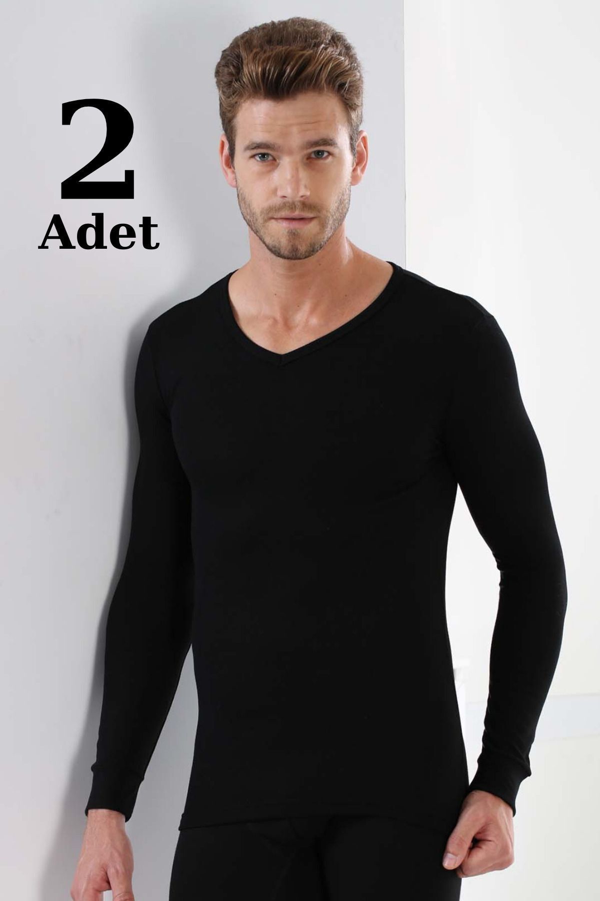 2'li Paket Erkek Badi Uzun Kollu T-shirt V Yaka Basic %100 Pamuk Ribana Beyaz - 2XL