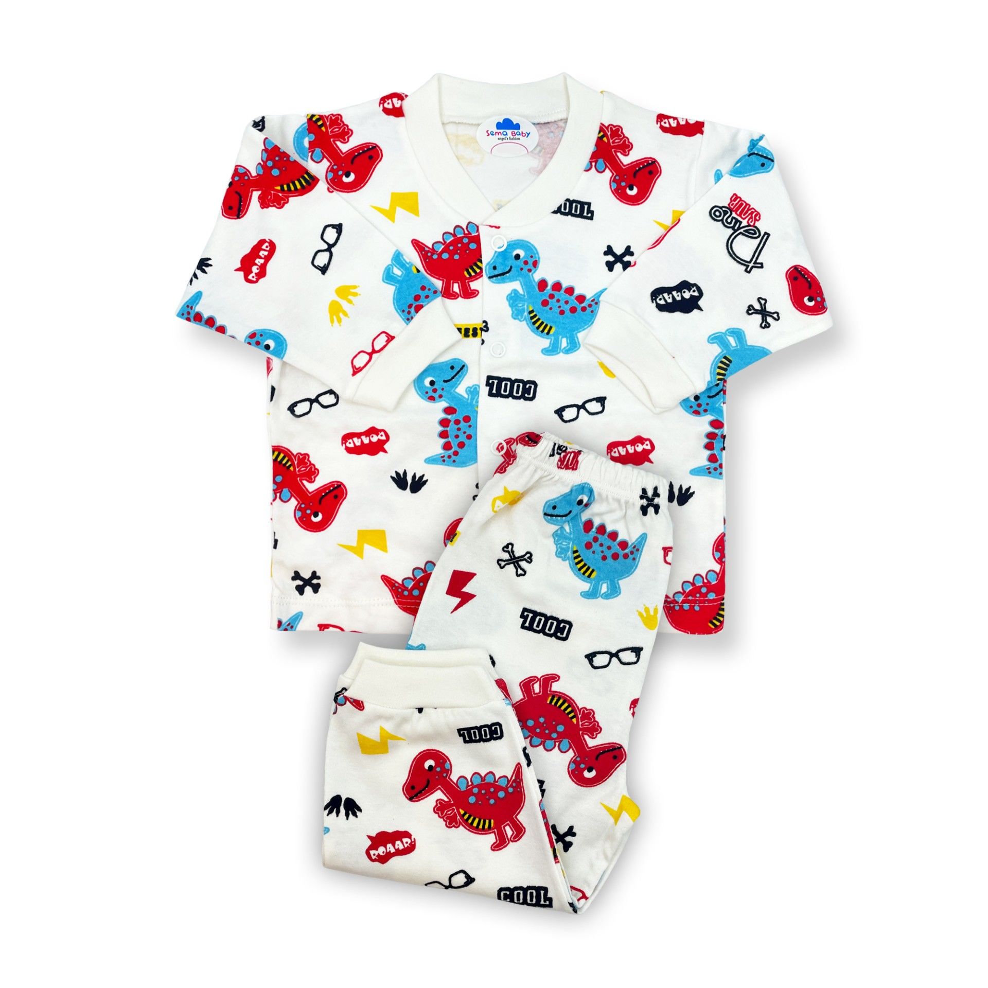 Sema Baby Sevimli Dino Bebek Pijama Takımı 6-9 Ay ( Kırmızı - Mavi )