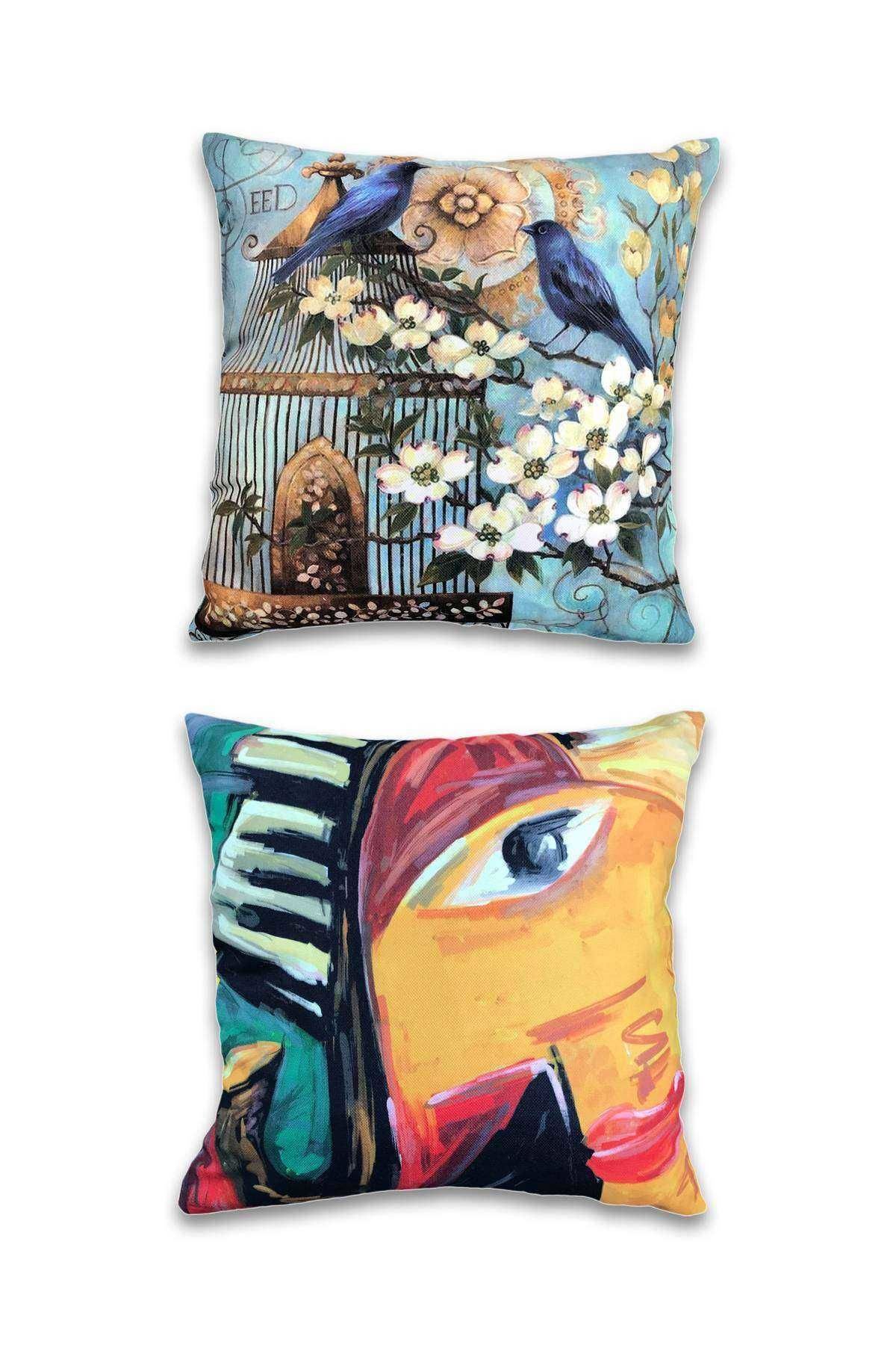 2 li Çift Taraf Baskı Petek Kumaş Kırlent Minder Kılıfı 43x43 S7