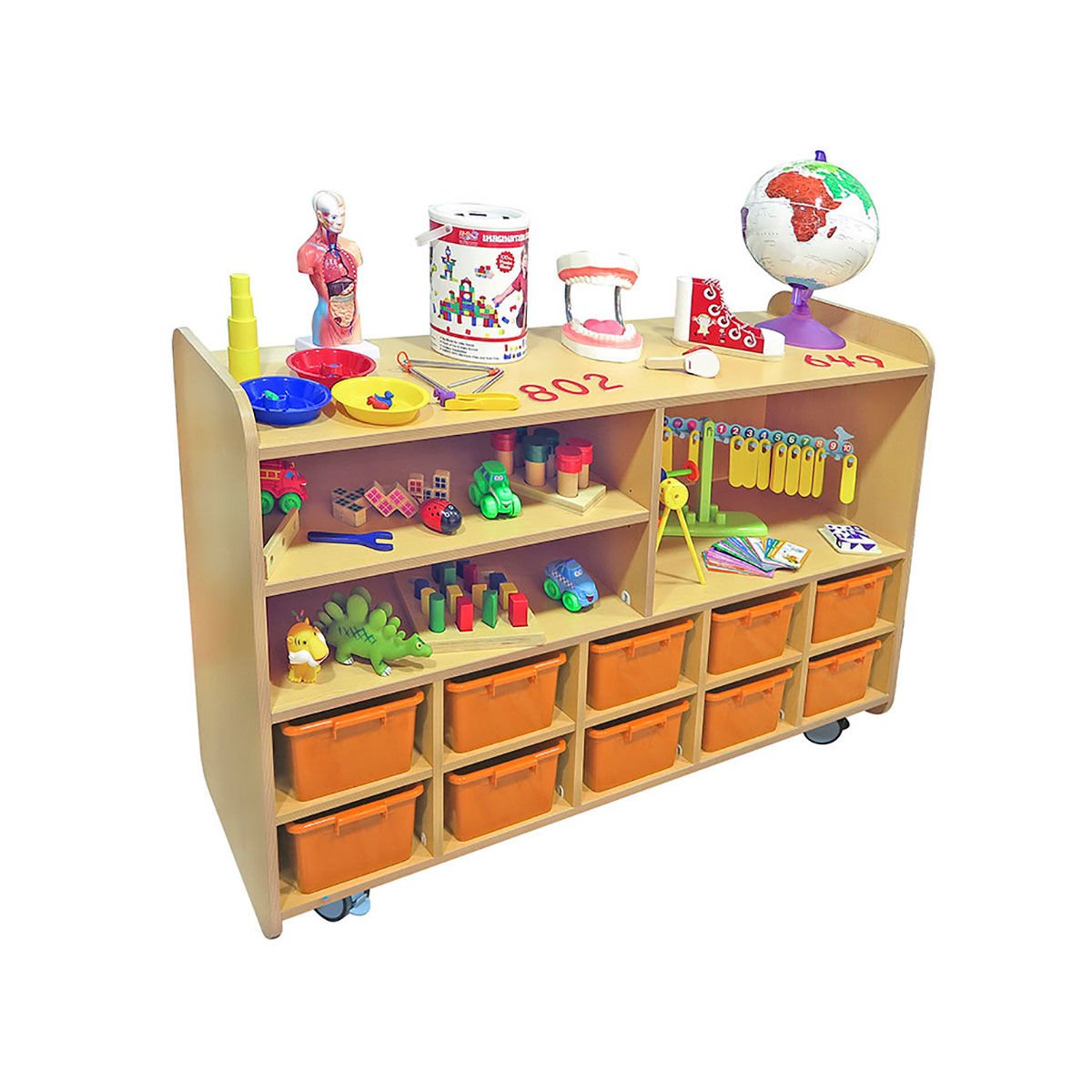 10 Gözlü 3 Raflı Montessori Portfölye Dolabı Naturel Tekerlekli -Kayın
