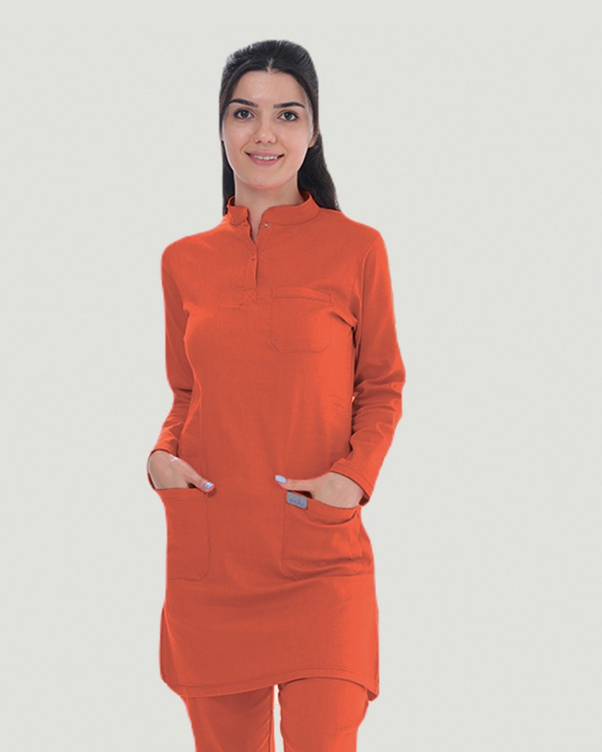 TERİKOTON (İNCE KUMAŞ) TESETTÜR CERRAHİ UNİFORMA TAKIM L - Yanık Turuncu