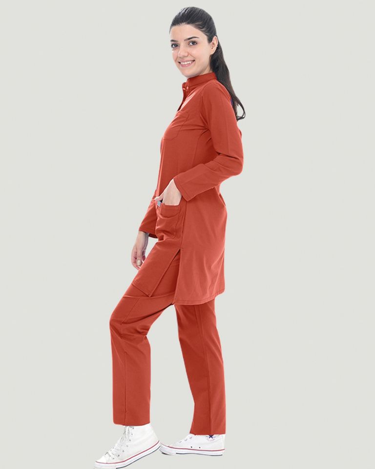 TERİKOTON (İNCE KUMAŞ) TESETTÜR CERRAHİ UNİFORMA TAKIM L - Yanık Turuncu