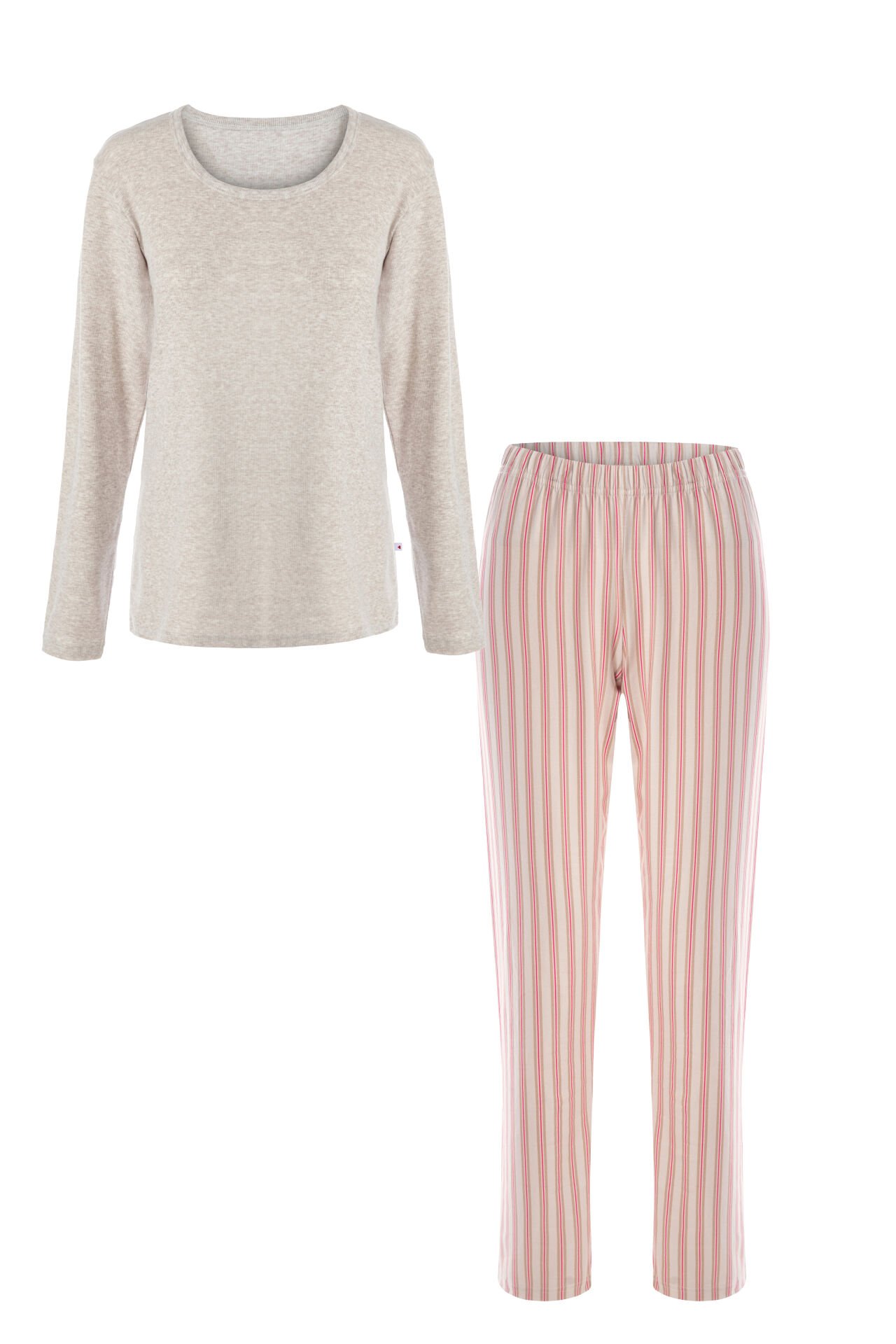 Kadın Pamuklu Kaşkorse Üst Etiket Detaylı Çizgili Pijama Takımı Gri - Kahverengi - S