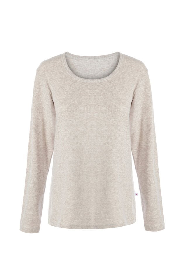 Kadın Pamuklu Kaşkorse Üst Etiket Detaylı Çizgili Pijama Takımı Gri - Kahverengi - M