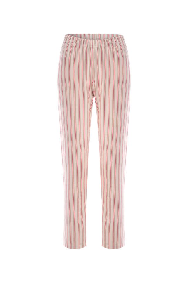 Kadın Pamuklu Kaşkorse Üst Etiket Detaylı Çizgili Pijama Takımı Gri - Kahverengi - XL