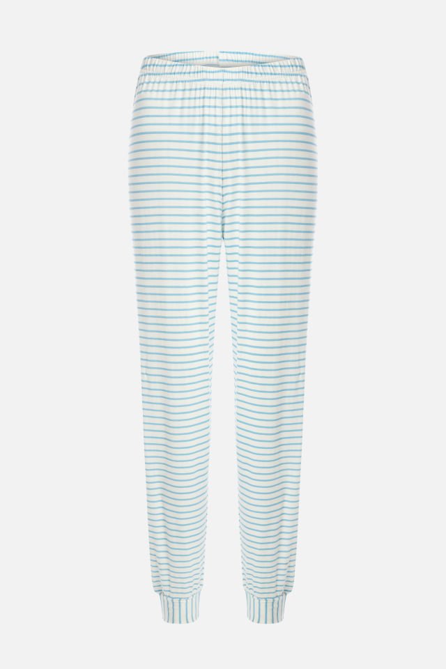 Kadın Mavi Çizgili Manşet Detaylı Jogger Örme Pijama Takımı S - Mavi - Beyaz