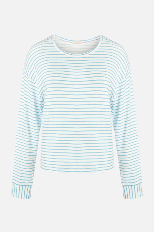 Kadın Mavi Çizgili Manşet Detaylı Jogger Örme Pijama Takımı S - Mavi - Beyaz