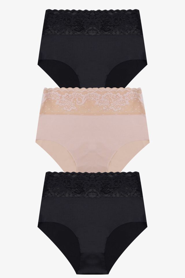 Kadın 3'lü Yüksek Bel Dantel Detaylı Külot Siyah - L/XL