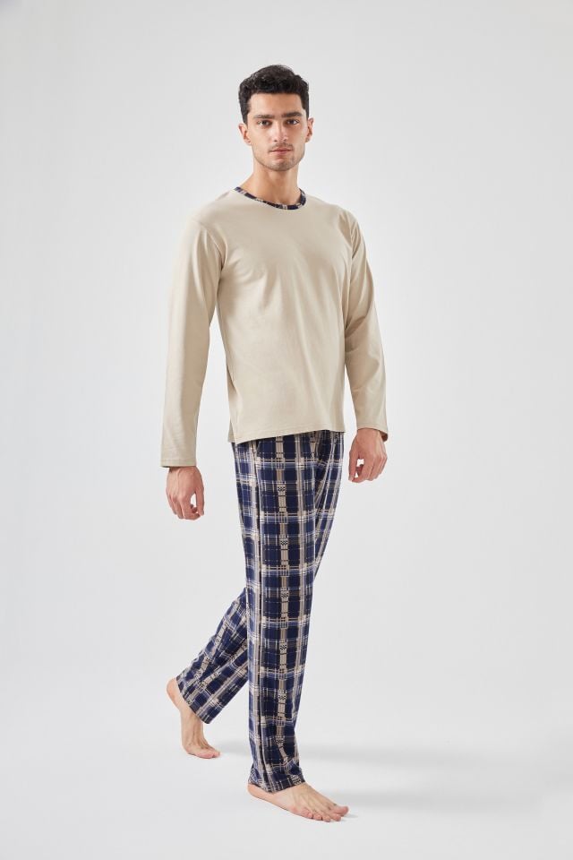 Erkek Pamuklu Uzun Kollu Ekose Desenli Cepli Pijama Takımı Krem - 2XL