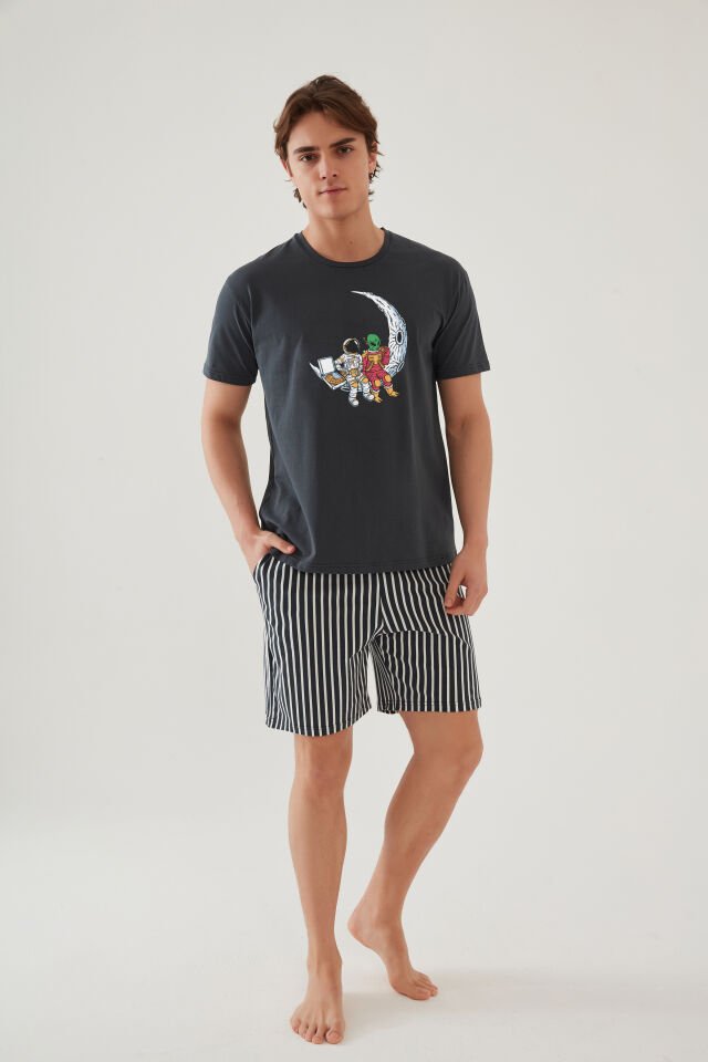 Erkek Pamuklu Füme Baskılı Cepli Şort Pijama Takımı L