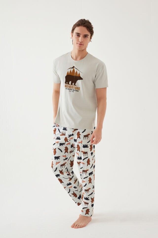 Erkek Kısa Kollu Pamuklu Ayıcık Desenli Pijama Takımı S - Ekru - Kahverengi