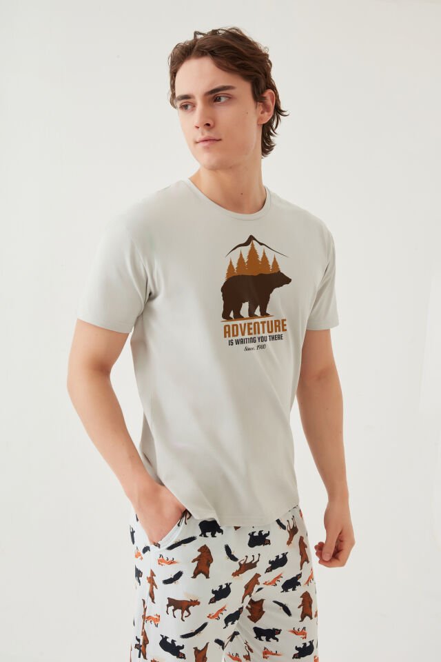 Erkek Kısa Kollu Pamuklu Ayıcık Desenli Pijama Takımı S - Ekru - Kahverengi