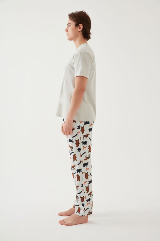 Erkek Kısa Kollu Pamuklu Ayıcık Desenli Pijama Takımı S - Ekru - Kahverengi