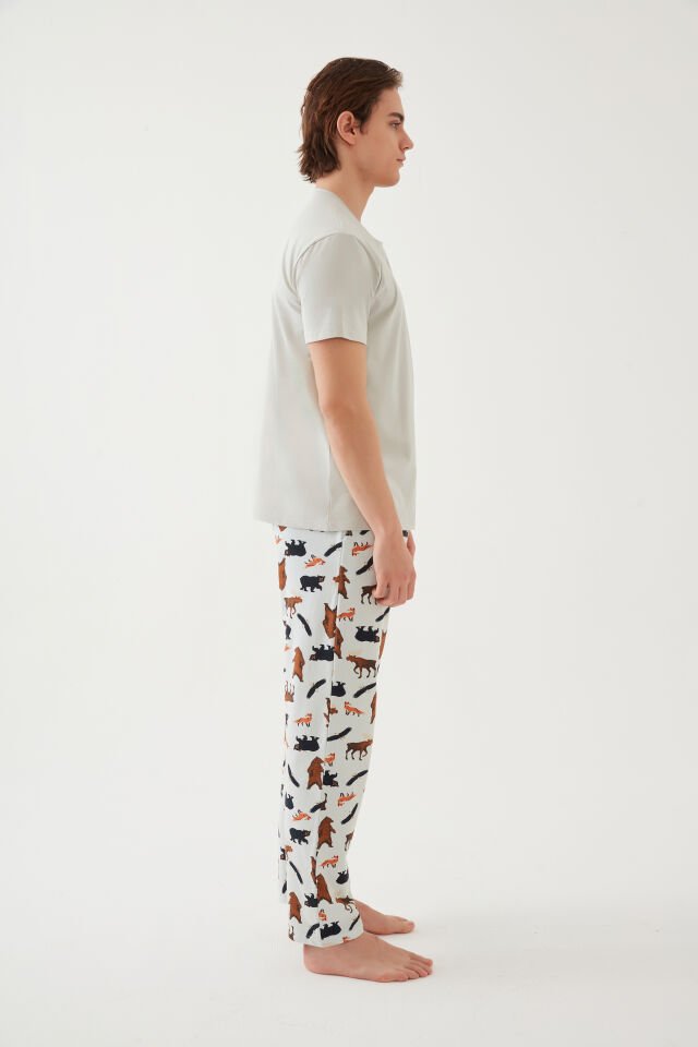 Erkek Kısa Kollu Pamuklu Ayıcık Desenli Pijama Takımı S - Ekru - Kahverengi