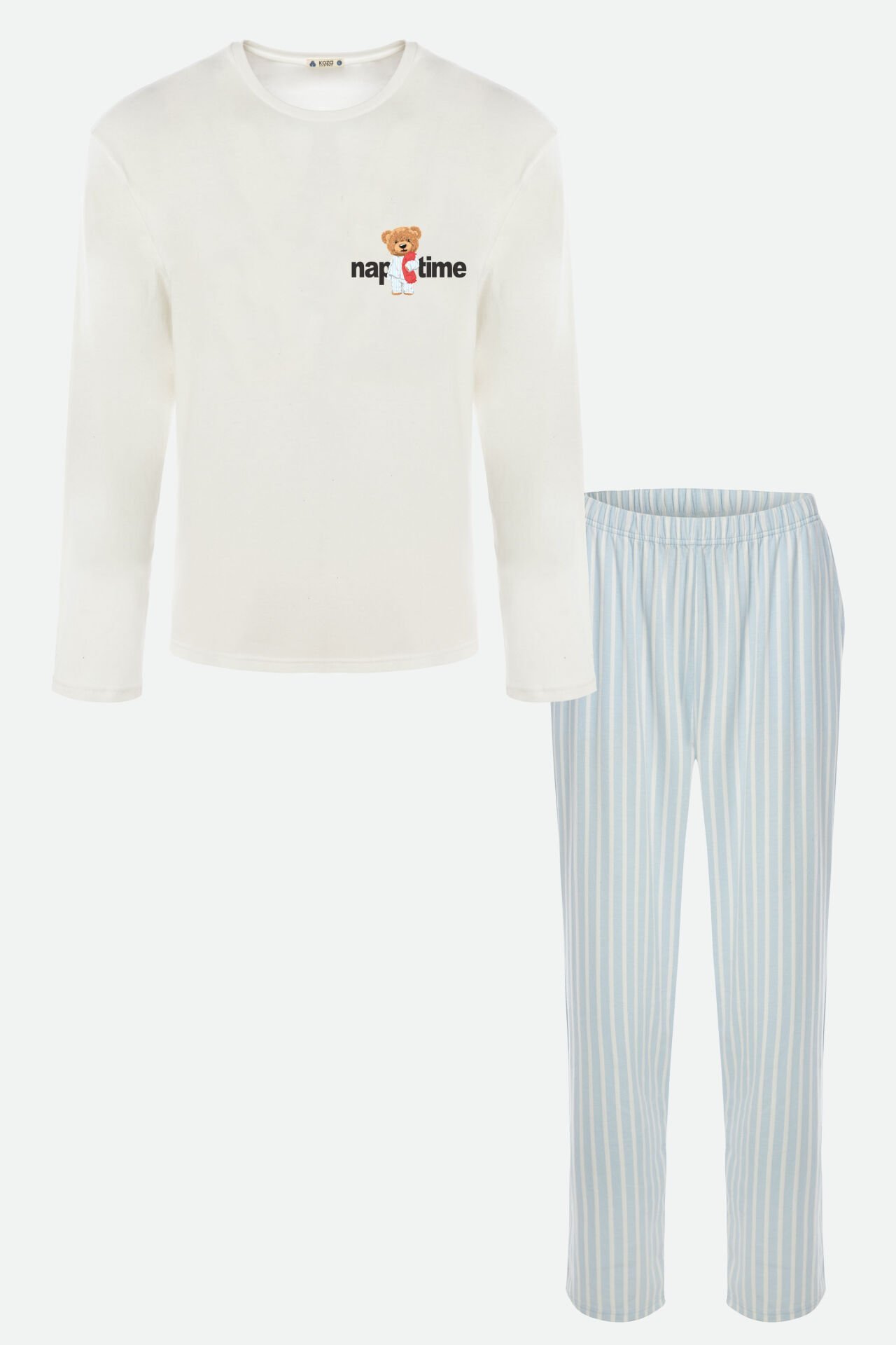 Erkek Pamuklu Uzun Kollu Üst Baskılı Alt Çizgili Cep Detaylı Pijama Takımı L - Beyaz - Mavi