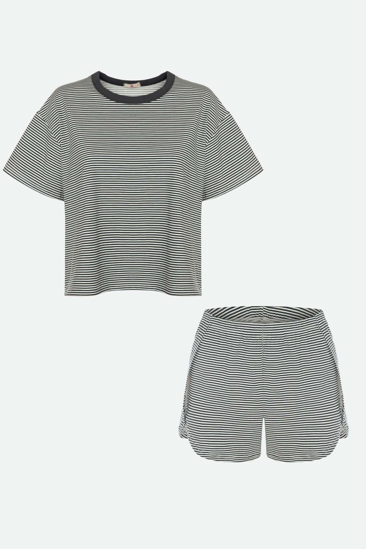 Kadın Pamuklu Yandan Yırtmaç Detaylı Çizgili Kısa Kollu Şort Takımı M - Ekru - Siyah