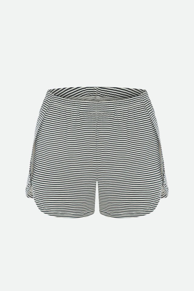 Kadın Pamuklu Yandan Yırtmaç Detaylı Çizgili Kısa Kollu Şort Takımı M - Ekru - Siyah