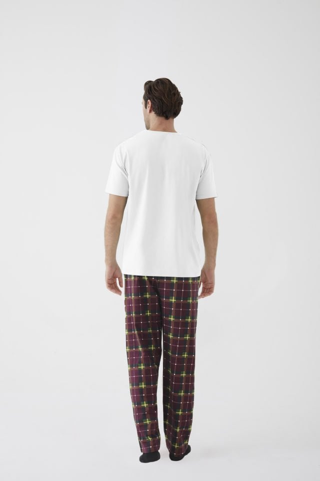Erkek Kısa Kollu Pamuklu Ekose Desenli Breakfast Baskılı Pijama Takımı XL - Bordo - Ekru - Sarı