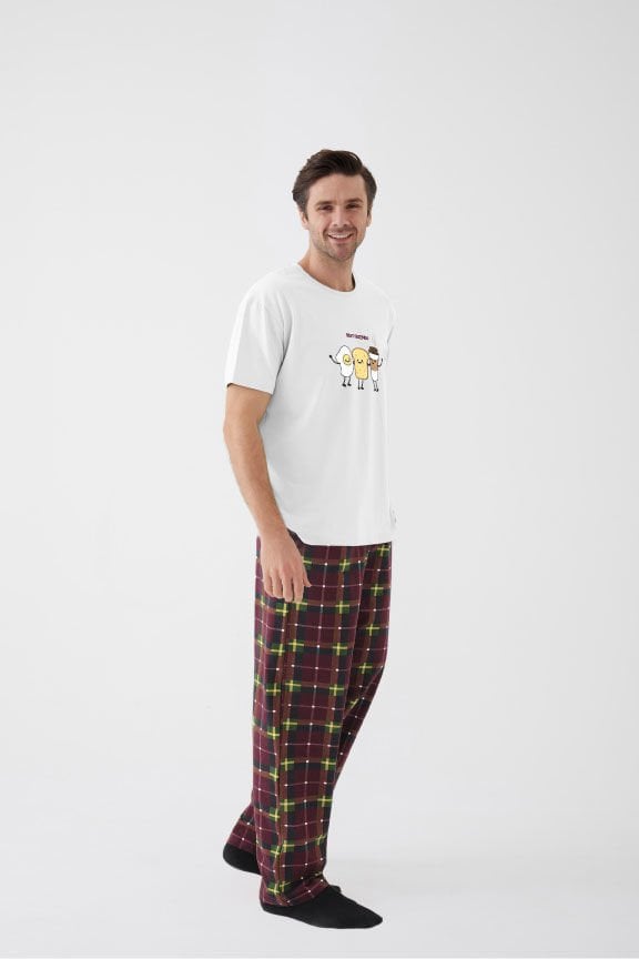Erkek Kısa Kollu Pamuklu Ekose Desenli Breakfast Baskılı Pijama Takımı XL - Bordo - Ekru - Sarı