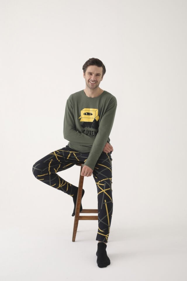 Erkek Pamuklu Uzun Kollu Üst Baskılı Alt Desenli Cepli Pijama Takımı XL - Sarı - Vizon