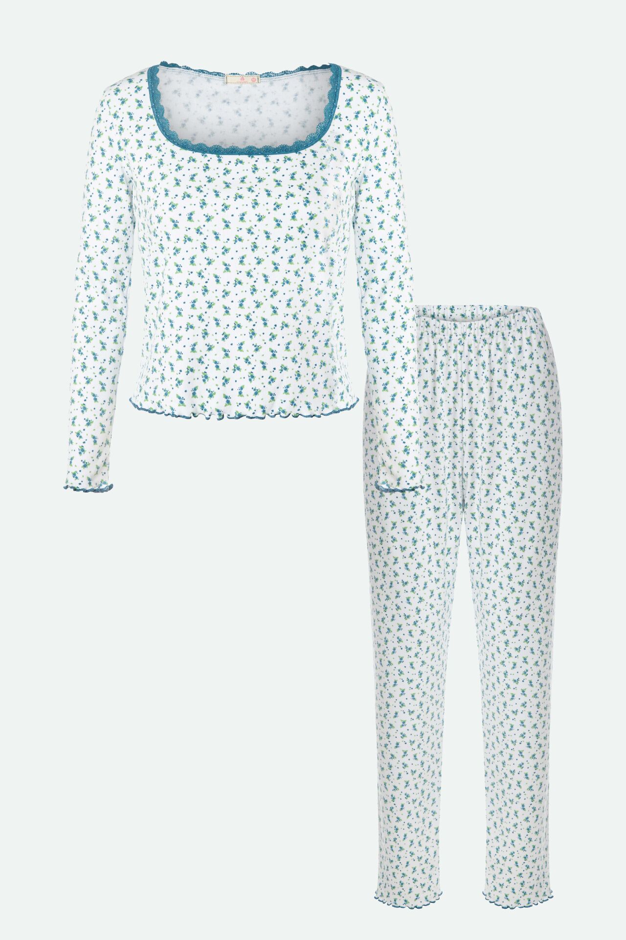 Kadın Kare Dantel Yaka Baby Overloklu Fiyonk Detaylı Pijama Takımı L - Mavi - Beyaz