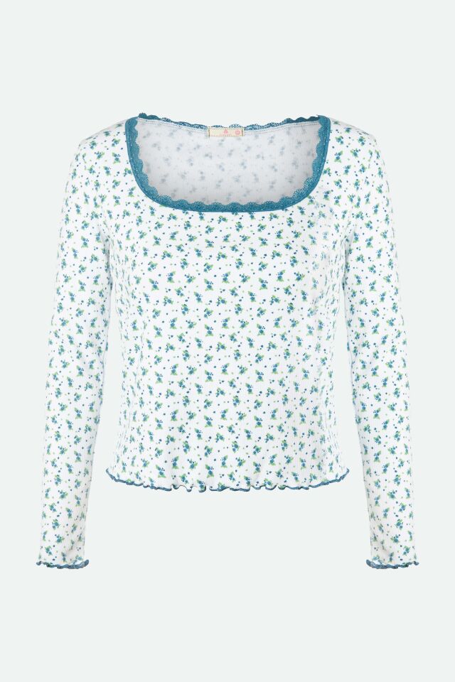 Kadın Kare Dantel Yaka Baby Overloklu Fiyonk Detaylı Pijama Takımı L - Mavi - Beyaz