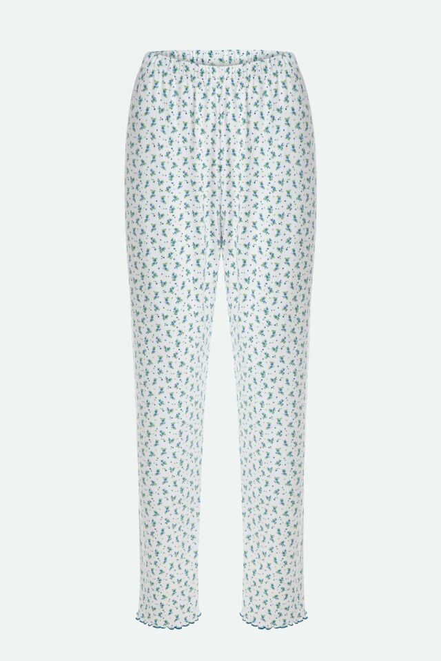 Kadın Kare Dantel Yaka Baby Overloklu Fiyonk Detaylı Pijama Takımı L - Mavi - Beyaz