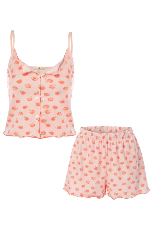 Kadın İnce Askılı Fiyonklu Pamuklu Şortlu Pijama Takımı M - Pembe