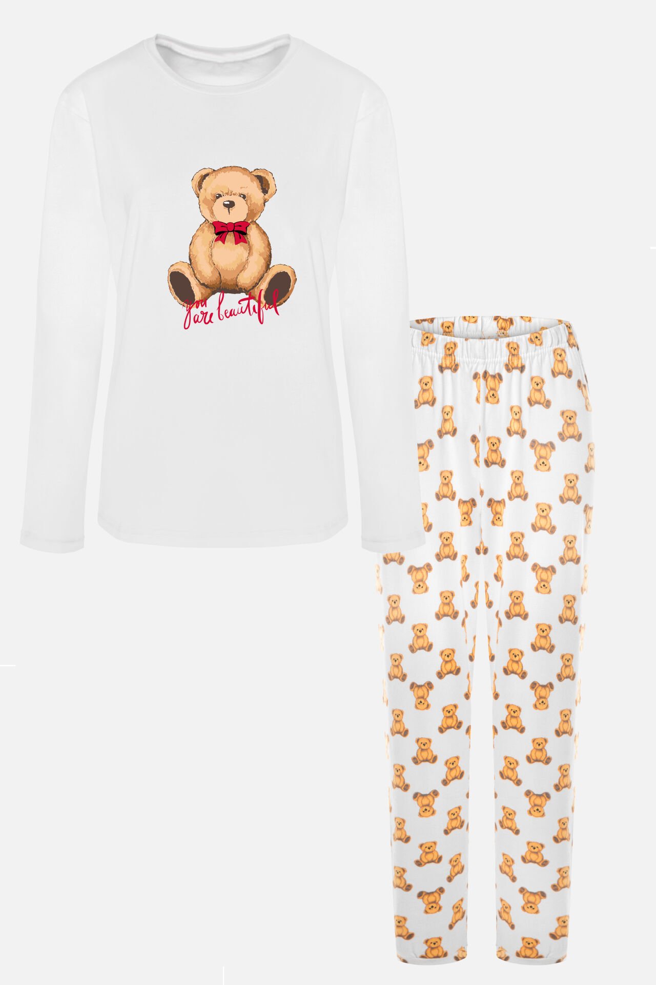 Kadın Soft Touch Pamuklu Uzun Kollu Basic Ayıcık Desenli Pijama Takımı S - Beyaz - Kahverengi