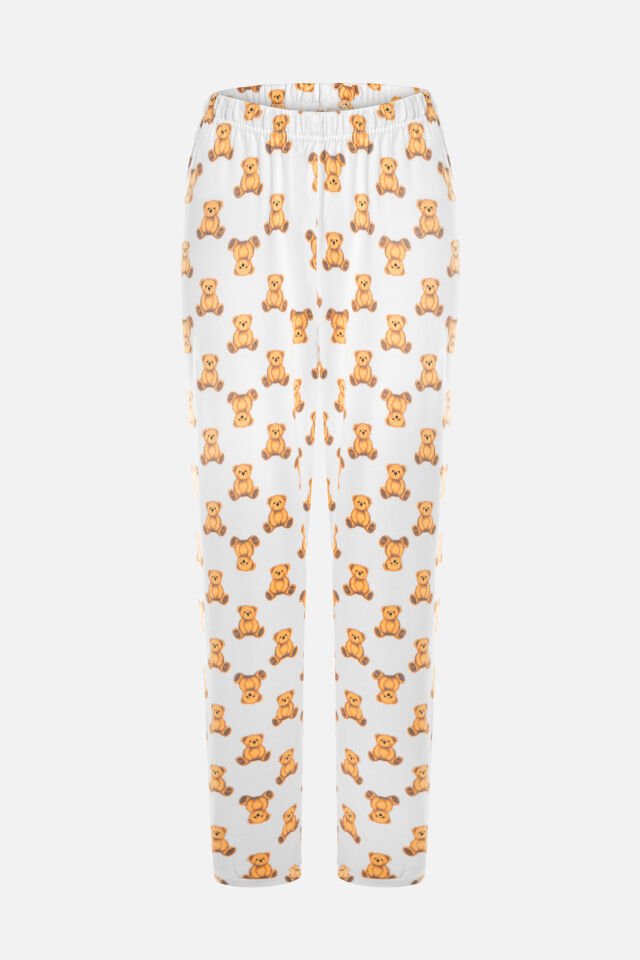 Kadın Soft Touch Pamuklu Uzun Kollu Basic Ayıcık Desenli Pijama Takımı S - Beyaz - Kahverengi