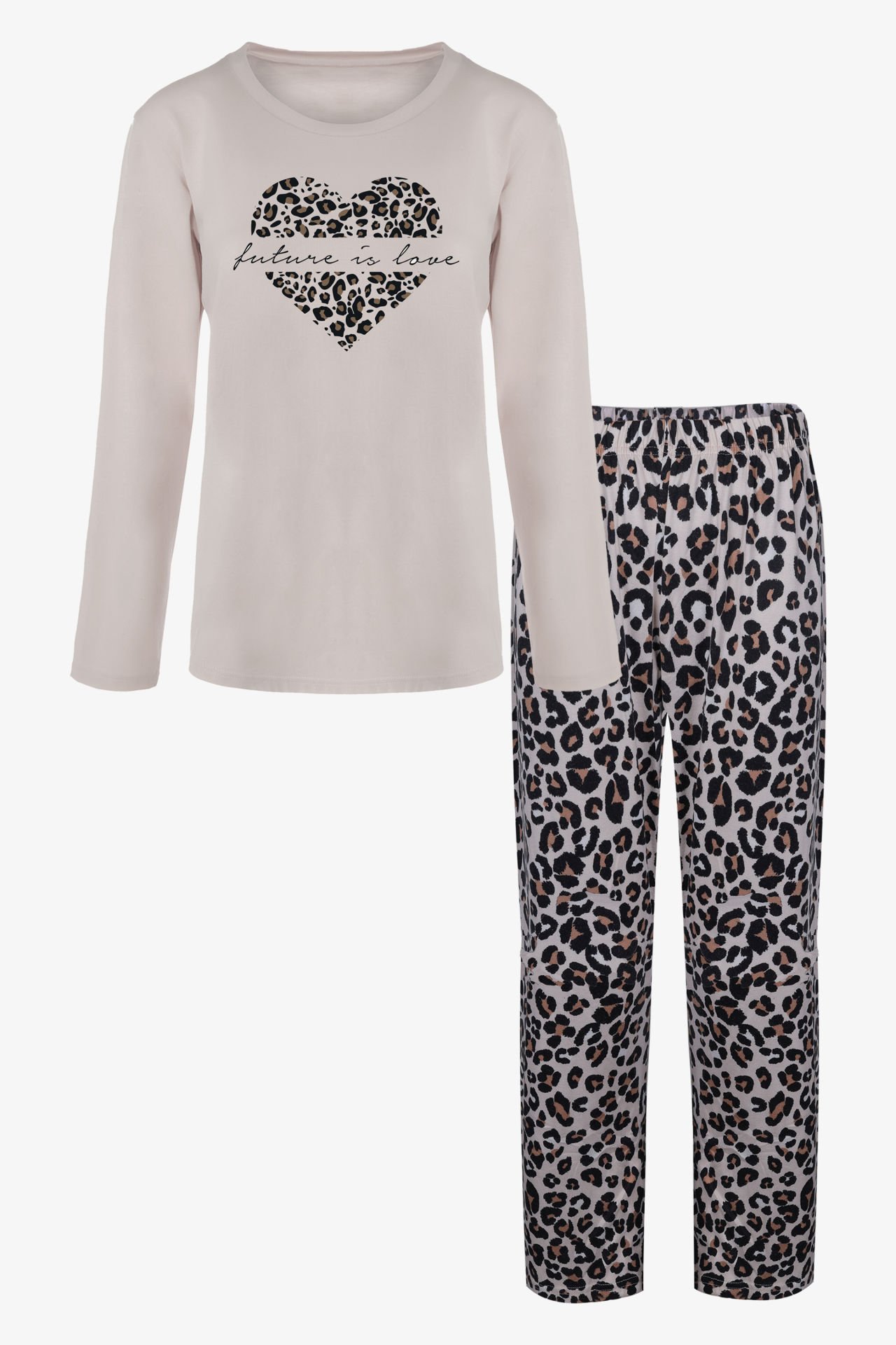 Kadın Sofi Touch Pamuklu Leopar Desenli Basic Pijama Takımı M - Gri - Kahverengi