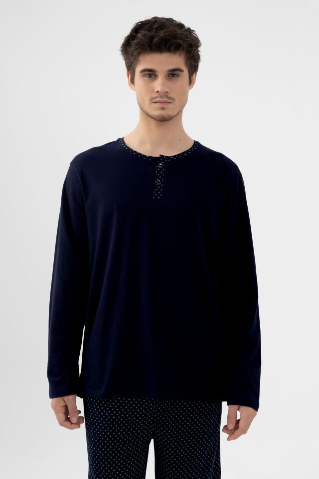 Erkek Pamuklu, Likralı, Yaka Düğmeli Uzun Kollu ve Cep Detaylı Puan Desenli Pijama Takımı 2XL - Lacivert