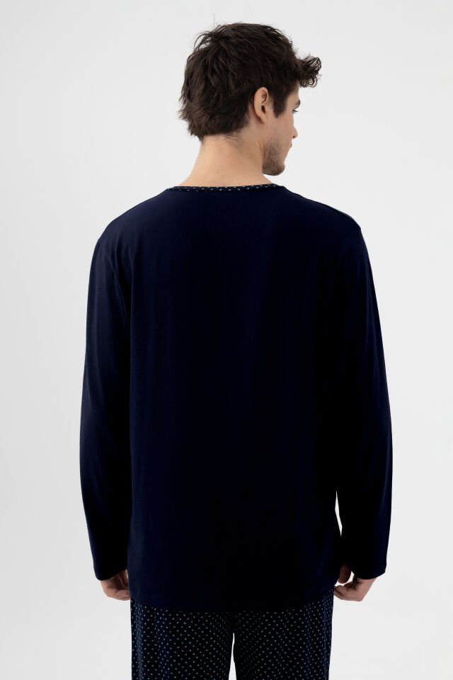 Erkek Pamuklu, Likralı, Yaka Düğmeli Uzun Kollu ve Cep Detaylı Puan Desenli Pijama Takımı 2XL - Lacivert