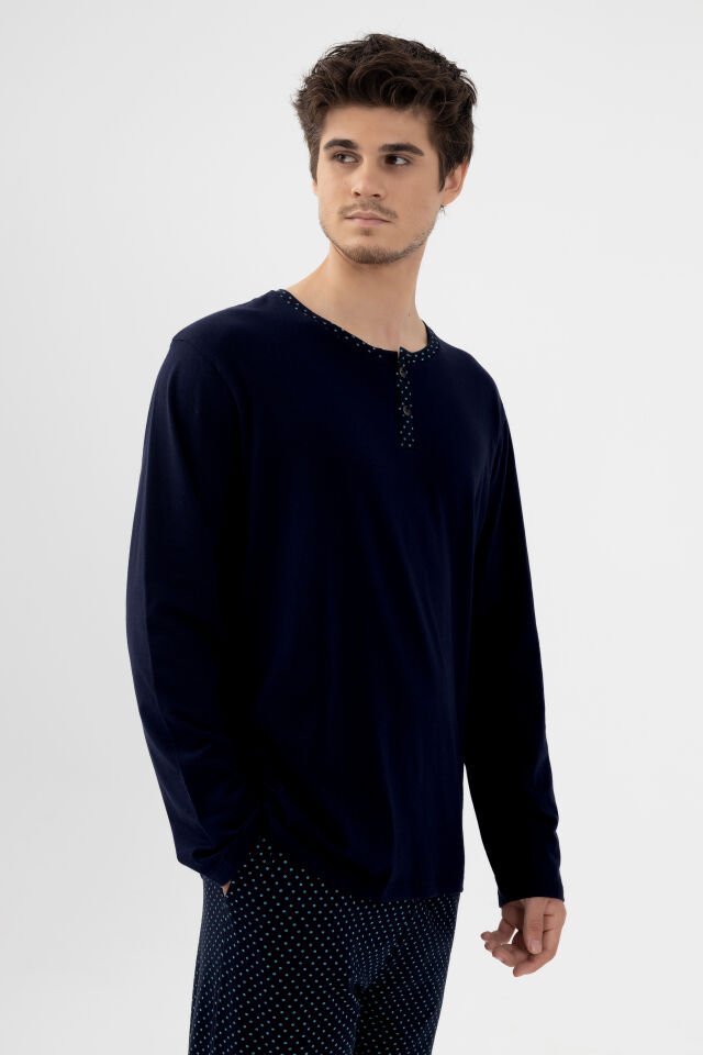 Erkek Pamuklu, Likralı, Yaka Düğmeli Uzun Kollu ve Cep Detaylı Puan Desenli Pijama Takımı 2XL - Lacivert