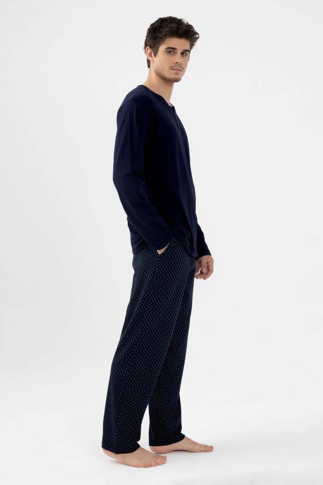 Erkek Pamuklu, Likralı, Yaka Düğmeli Uzun Kollu ve Cep Detaylı Puan Desenli Pijama Takımı 2XL - Lacivert