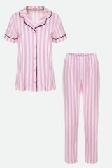 Kadın Pamuklu Pembe Çizgili Ara Biyeli Kısa Kollu Pijama Takımı KO7308TS-1 Mavi Çizgili - L