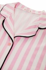 Kadın Pamuklu Pembe Çizgili Ara Biyeli Kısa Kollu Pijama Takımı KO7308TS-1 Mavi Çizgili - L - KO7308TS-1 Mavi Çizgili - L