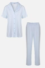 Kadın Pamuklu Pembe Çizgili Ara Biyeli Kısa Kollu Pijama Takımı KO7308TS-1 Mavi Çizgili - L - KO7308TS-1 Mavi Çizgili - L