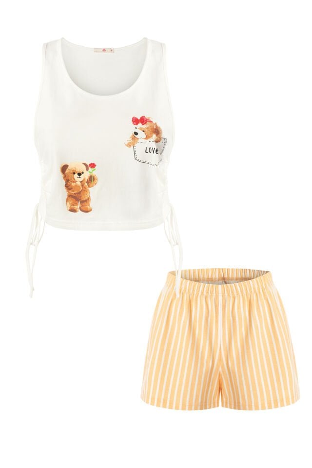 Kadın Pamuklu Yandan Bağlamalı Büzgülü Şortlu Pijama Takımı L - Sarı - Ekru