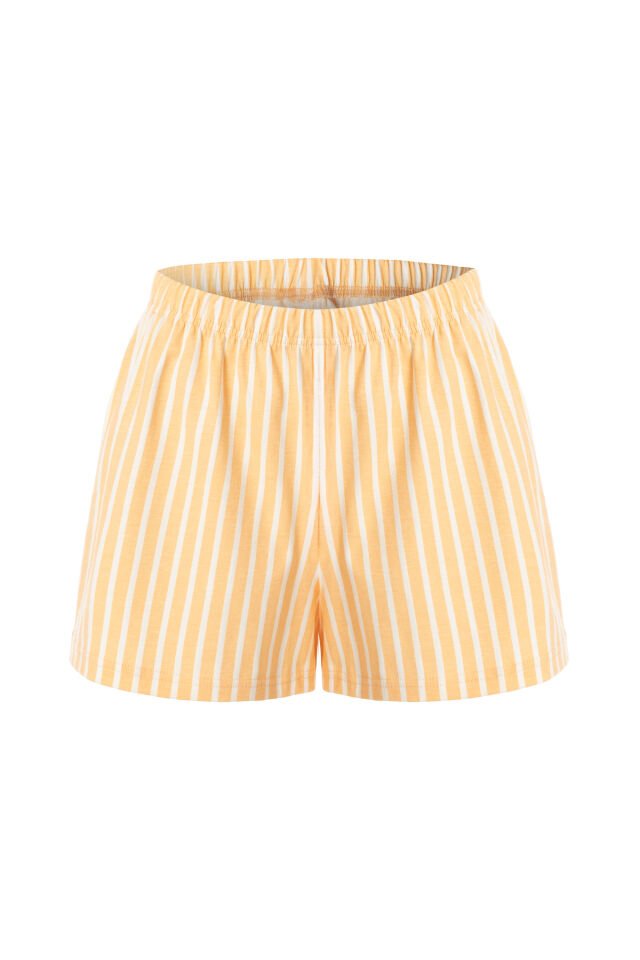 Kadın Pamuklu Yandan Bağlamalı Büzgülü Şortlu Pijama Takımı L - Sarı - Ekru