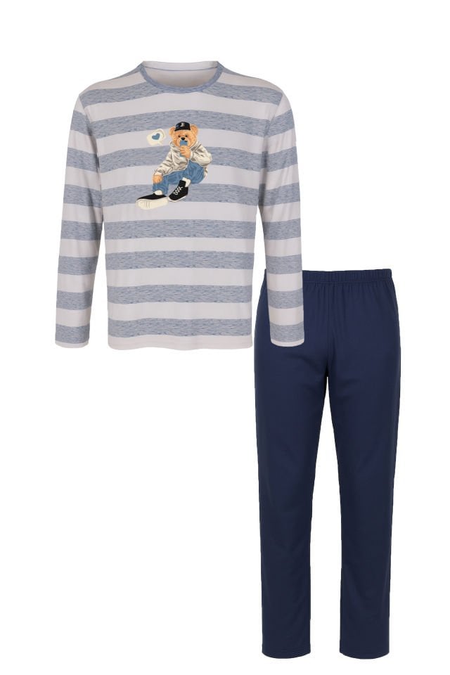 Erkek Pamuklu Uzun Kollu Üst Ayıcık Baskılı Pijama Takımı Lacivert - Ekru - 2XL