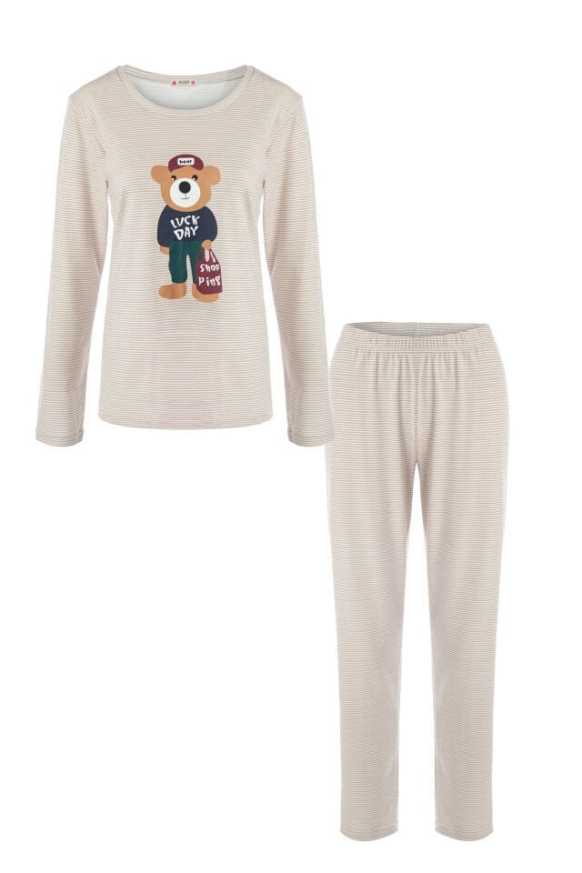 Kadın Uzun Kollu Baskı Detaylı Pijama Takımı Kahverengi - Siyah - XL