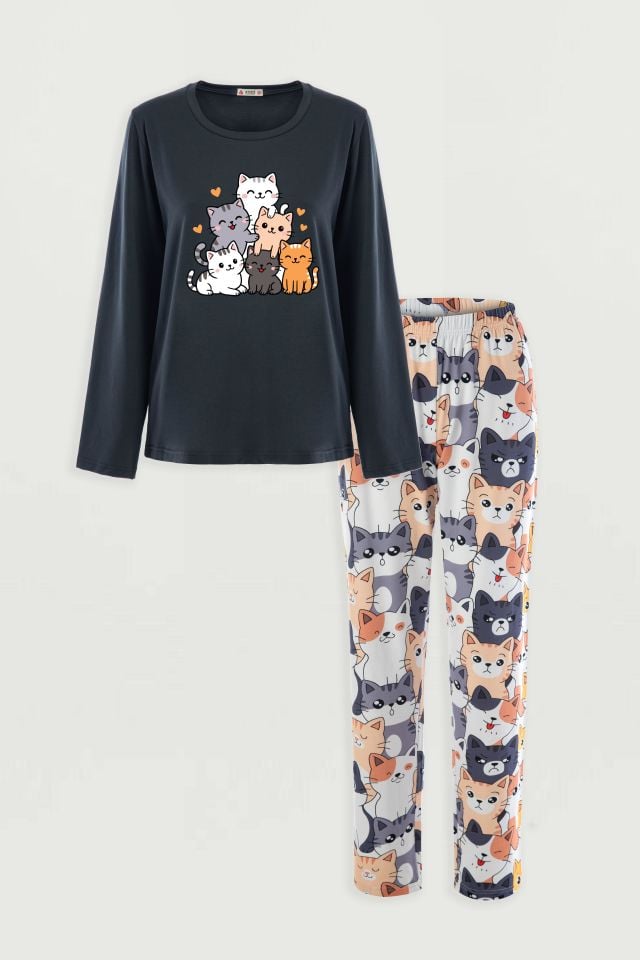 Kadın Gri Pamuklu Kedili Örme Pijama Takımı Gri  - Füme - XL